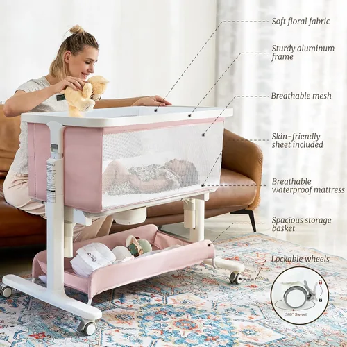 Miniatura 5 de Moisés eléctrico para bebé con movimiento mecedor, 3 en 1, para recién nacido con 5 alturas ajustables, cama automática para niño/niño, rosa