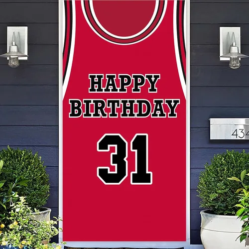 Miniatura 17 de Cartel de feliz cumpleaños 10 pancarta de fondo rojo de baloncesto estrella jugador de deportes decoración para hombre niño 10 cumpleaños
