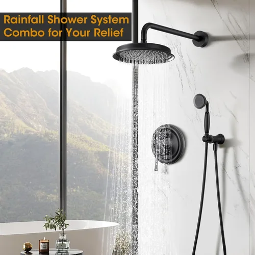 Miniatura 2 de Cabezal de ducha de lluvia antiguo con rociador de mano, sistema de ducha de lluvia negro mate con válvula de presión de equilibrio empotrada, Mate