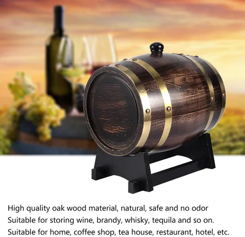 Miniatura 5 de Barril de whisky de madera, barril de envejecimiento de roble de 3 litros con 4 soportes y grifo, barril de vino tinto para cerveza casera