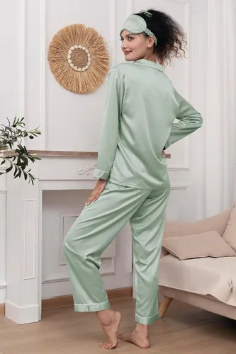 Miniatura 3 de Conjunto de pijama para mujer, pijama de satén de seda, pijama largo de 2 piezas, con botones, conjunto de pijama para descansar