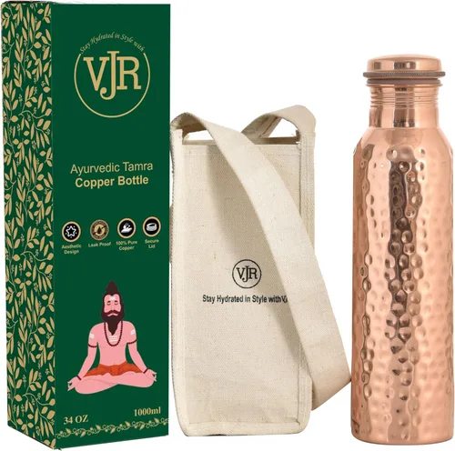 Miniatura 9 de VJR Botella de agua de cobre – 34 onzas extra grande – Lisa, a prueba de fugas, recipiente ayurvédico 100% de cobre puro para beber, soporte