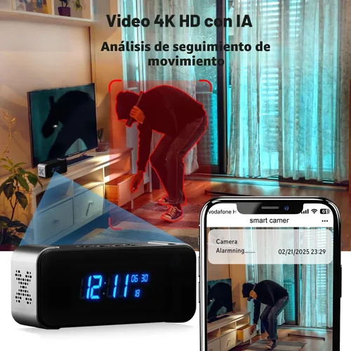 Miniatura 4 de Cámara oculta con reloj despertador y Bluetooth, cámara interior inalámbrica Ultra 4K HD para seguridad del hogar, mini cámara WiFi para niñera