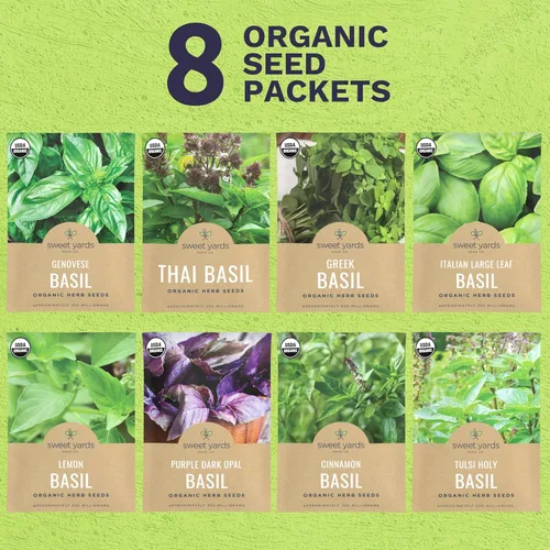 Miniatura 2 de Paquete variado de semillas de albahaca orgánica, 8 paquetes individuales, temporada 2026, genovesas, tailandesas, limón, griegas, canela y mucho
