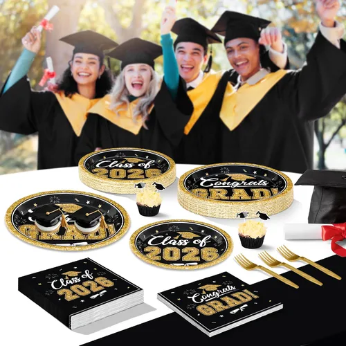 Miniatura 7 de QZYL 200 suministros para fiesta de graduación 2026, platos y servilletas de graduación negros y dorados, platos de postre desechables y tenedores