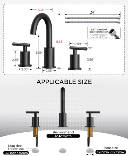 Miniatura 8 de FORIOUS Grifo de baño negro de 3 agujeros, 8 pulgadas, grifo de lavabo de baño negro mate generalizado con boquilla giratoria de 360°, adecuado