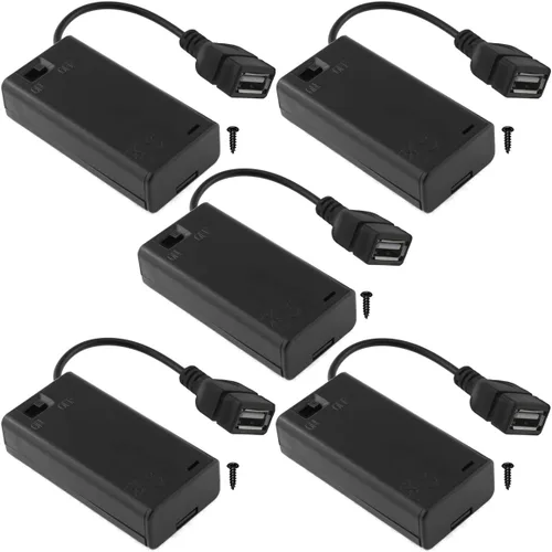 5 piezas Soporte de caja de batería de 2 AA con enchufe USB hembra 2 AA Caja de batería de alimentación con interruptor de encendido/apagado, para