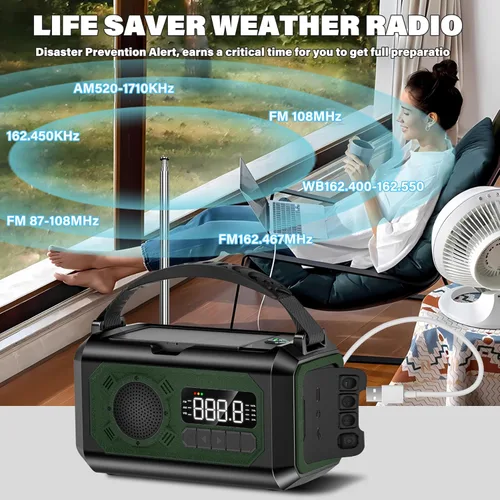 Miniatura 4 de Radio meteorológica de emergencia de 12000 mAh, radio solar con manivela, radio portátil AM/FM/NOAA con 2 paneles solares, 3 métodos de carga