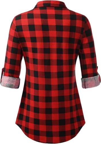 Miniatura 3 de DJT - Blusas suaves, elásticas, a cuadros, de manga larga arremangada, con cuello y botones para mujer