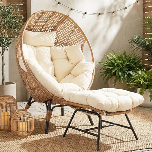 Miniatura 3 de NICESOUL Silla con forma de huevo de mimbre con otomano, silla de salón con cesta de huevo para interior y exterior con cojín, asiento de huevo