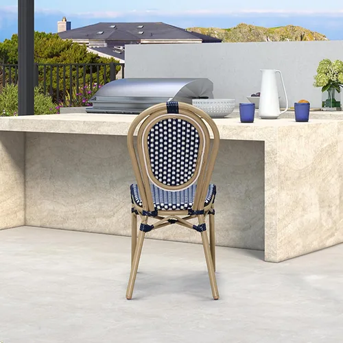 Miniatura 48 de PURPLE LEAF Juego de 1 silla de comedor al aire libre, marco de aluminio francés en acabado de bambú con ratán tejido ámbar y blanco para cocina