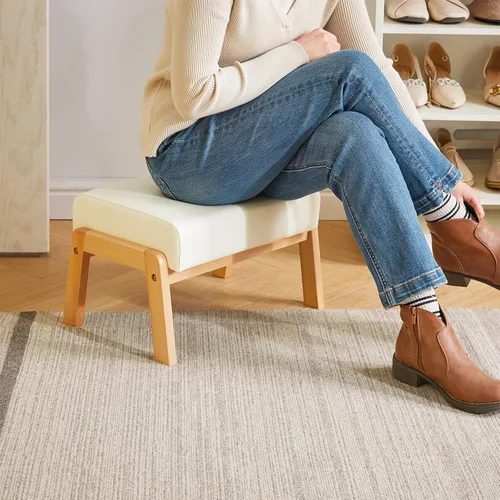 Miniatura 2 de IBUYKE Taburete otomano pequeño de 10.2" de altura, reposapiés rectangular de cuero sintético PU con asiento acolchado y patas de madera, otomano
