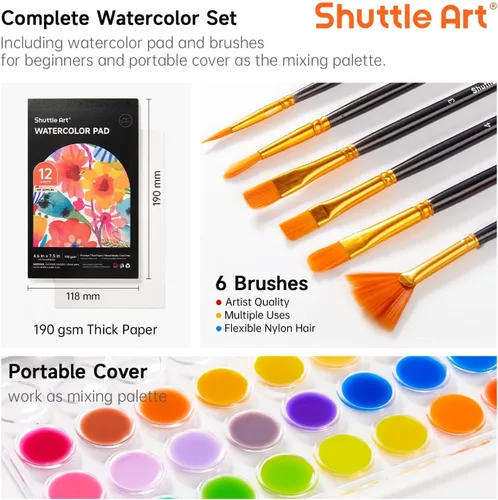 Miniatura 3 de Shuttle Art Juego de Pintura de Acuarela de 43 Piezas, Juego de Pastillas de Acuarela de 36 Colores con 6 Pinceles y 1 Bloc de Acuarela