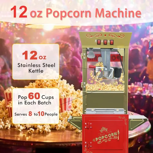 Miniatura 3 de Máquina de palomitas de maíz de 12 onzas con carrito (rojo) - Máquina de palomitas de maíz vintage de gran capacidad - 3 interruptores fáciles