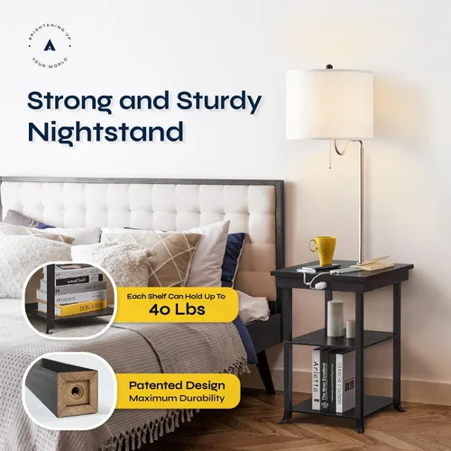 Miniatura 3 de ATAMIN Mesa auxiliar con lámpara y estación de carga - Mesa auxiliar con USB-C, USB y luz incorporada - Moderna mesita de noche con cadena