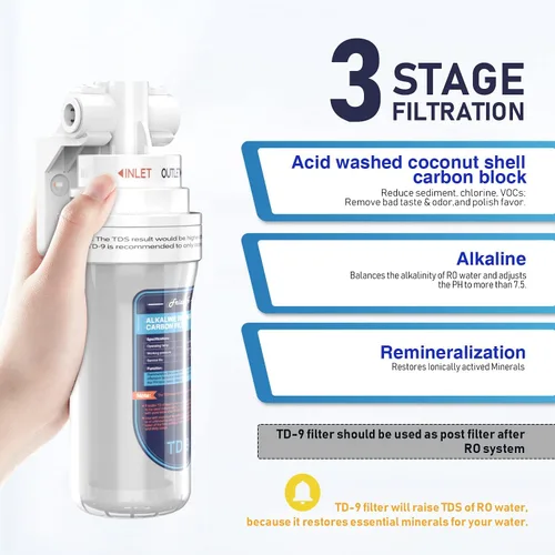 Miniatura 3 de Frizzlife Filtro de agua alcalino TD-9 para debajo del fregadero, filtro de poste de giro rápido para sistema de ósmosis inversa RO, reduce