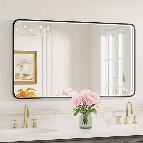 Miniatura 23 de Espejo de baño LED de 24x32 pulgadas con luces, espejo LED con marco de metal negro para baño, 3 colores y luz regulable sin escalones montada