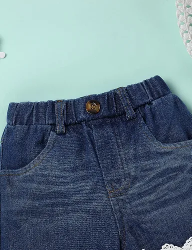 Miniatura 5 de SEYOUAG Conjunto de 2 piezas de ropa para niña pequeña + pantalones cortos de mezclilla
