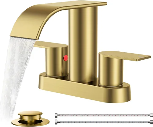 Miniatura 14 de FORIOUS Grifos de baño negros y dorados, cascada de 4 pulgadas con drenaje desplegable de metal y manguera cUPC para lavabo, tocador, RV, pedestal