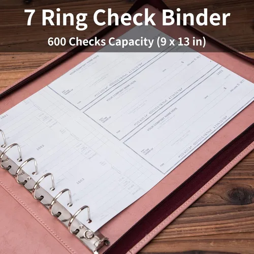 Miniatura 5 de Carpeta personalizada con 7 anillos, soporte de cuero vegano grabado para chequera, 3 en una página para 600 cheques (9 x 13 pulgadas), carpeta