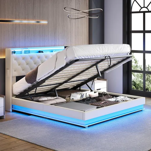 Miniatura 4 de Ailisite Cama de almacenamiento elevable de tamaño matrimonial, cama de plataforma tapizada con cabecera de almacenamiento con botones capitoné