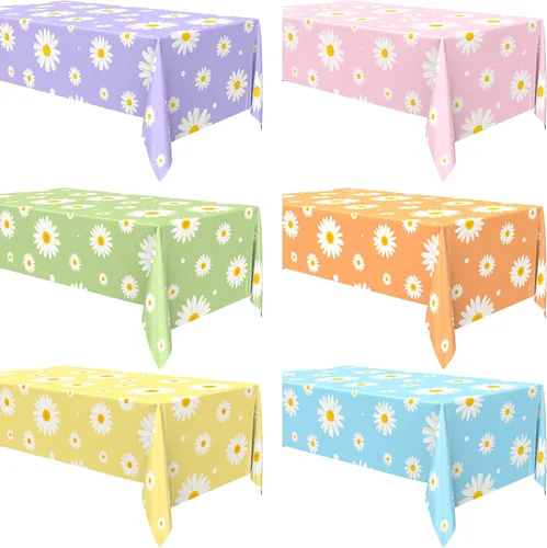 Remagr 6 manteles de margaritas de 54 x 108 pulgadas, desechables, de plástico, para decoración de fiesta de cumpleaños, estilo retro, hippie, para