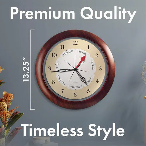Miniatura 5 de Reloj de pared de hora y día de la semana con marco de acento de nogal de 13.5 pulgadas, regalo de jubilación ideal para hombres y mujeres, reloj