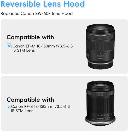 Miniatura 2 de JJC EW-60F Parasol reversible para lente Canon RF-S 18-150mm F3.5-6.3 is STM en EOS R7 R10 y para lente Canon EF-M 18-150mm F3.5-6.3 is STM en EOS
