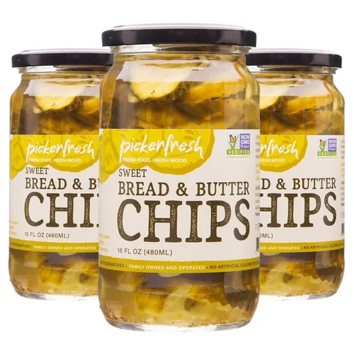 Pickerfresh Pan & Butter Sweet Crinkle Cut Pickles, 16 onzas (paquete de 3), certificado, sin OMG, sin gluten, alto en antioxidantes, sin color