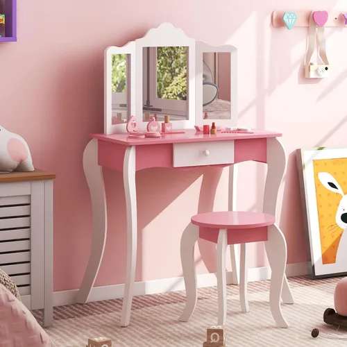 Miniatura 10 de HONEY JOY Juego de tocador para niños con espejo, mesa de tocador de madera 2 en 1 con taburete, espejo plegable y cajón, parte superior extraíble