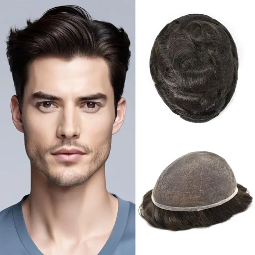 Miniatura 34 de Toupee For Men Real Human Hair System Mens Hair Piece Breathable Mens Toupee Durable Men Hairpiece 6X8#1 Jet Black 80% Density