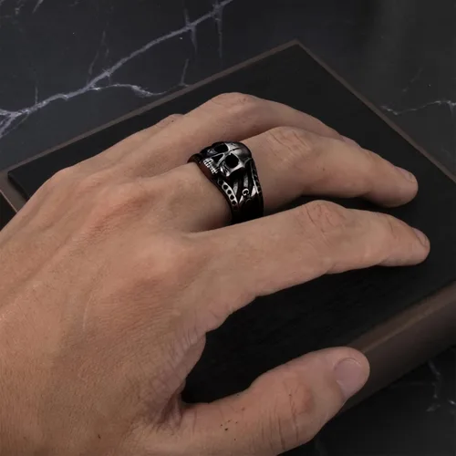 Miniatura 2 de ELFASIO Anillo vintage de acero inoxidable con calavera gótica para hombres y niños, banda de esqueleto plateado, cóctel, fiesta, ciclismo