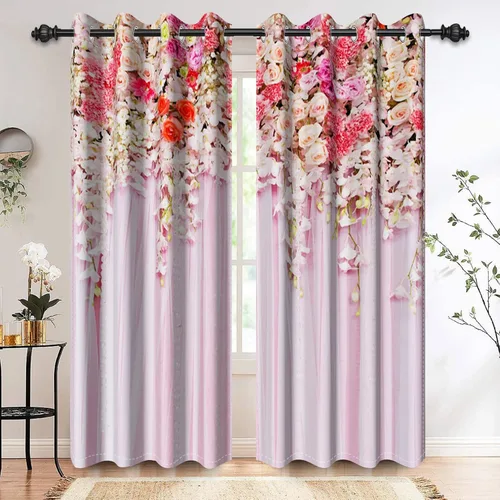Renaiss Cortinas opacas con estampado floral rosa, peonía roja, flores de rosas rojas, para boda, aislamiento térmico, cortinas de dormitorio con
