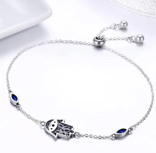 Miniatura 5 de BISAER Pulsera de mano de Fátima de mal de ojo azul real con dije de plata de ley 925 con cadena de circonita cúbica ajustable para mujer