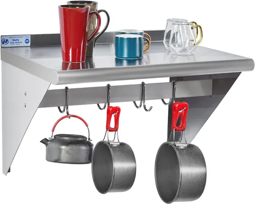 Miniatura 17 de Hally Estante de Acero Inoxidable con 6 Ganchos 12" x 36" Estante para Ollas Montado en Pared, Estantería Flotante Comercial NSF para Almacenamiento