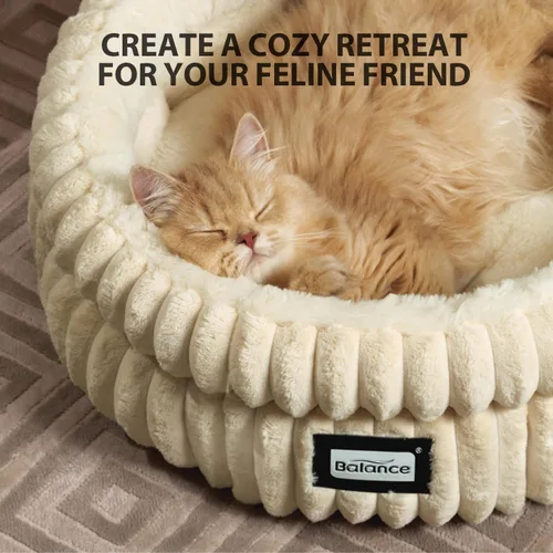 Miniatura 6 de BALANCE Cama para gatos, cama redonda lavable para gatos de interior, cama de felpa súper suave de piel sintética para cachorros y gatitos con parte