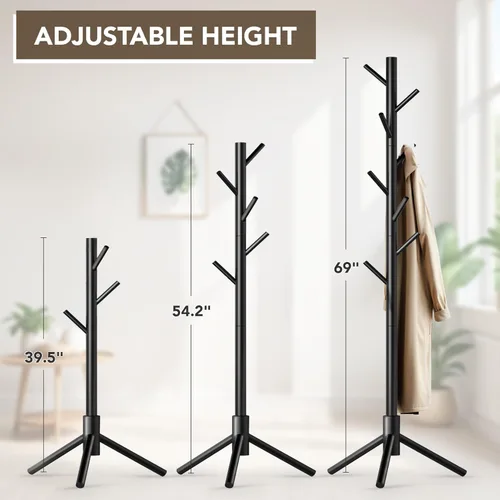 Miniatura 3 de Hupmad Perchero de árbol de madera, perchero resistente independiente con 8 ganchos, 3 alturas ajustables para niños y adultos, perchero de madera