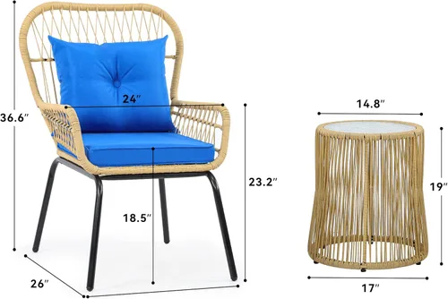 Miniatura 6 de YITAHOME Juego de 3 muebles de mimbre para patio al aire libre, sillas de conversación de ratán para todo tipo de clima, para patio trasero, balcón