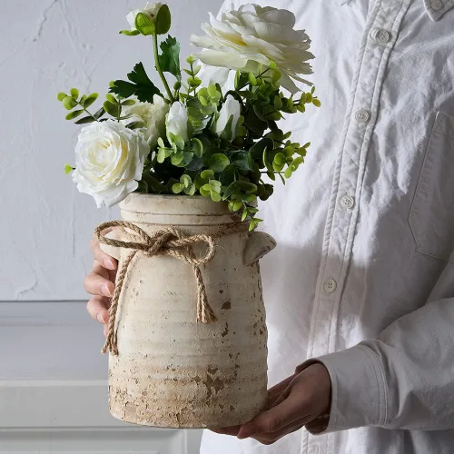 Miniatura 3 de SIDUCAL Jarrón de Cerámica Decorativo con Flores, Jarrón de Cerámica de 8 Pulgadas de Estilo Rústico con Efecto Desgastado, Ideal para Decoración