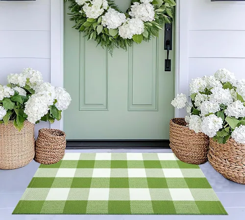 Tapete verde y blanco para puerta delantera 24"x35", alfombra de porche delantero a cuadros búfalo, algodón tejido, lavable a máquina, reversible,