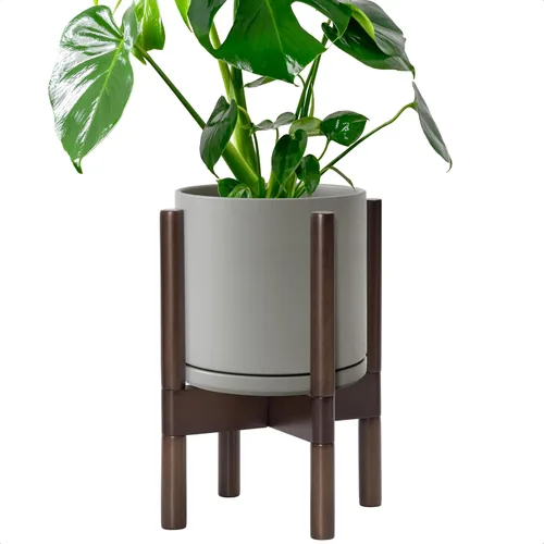 Miniatura 59 de D'vine Dev Maceta de cerámica con soporte de ébano – Maceta redonda moderna de 8 pulgadas con soporte para maceta de madera, color negro, 55-B-M-2