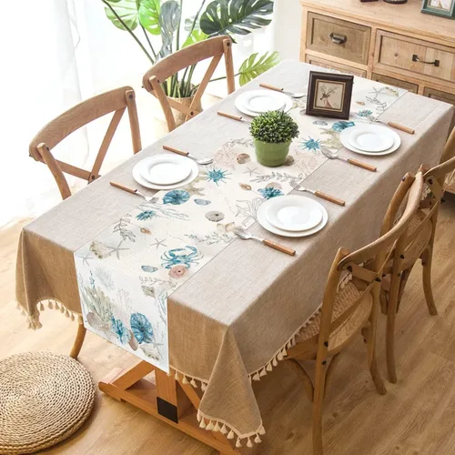 Miniatura 3 de PROCIDA Camino de mesa de playa azul tropical oceánico costero, arpillera de arpillera náutica de temporada, cocina, comedor, mesa de café
