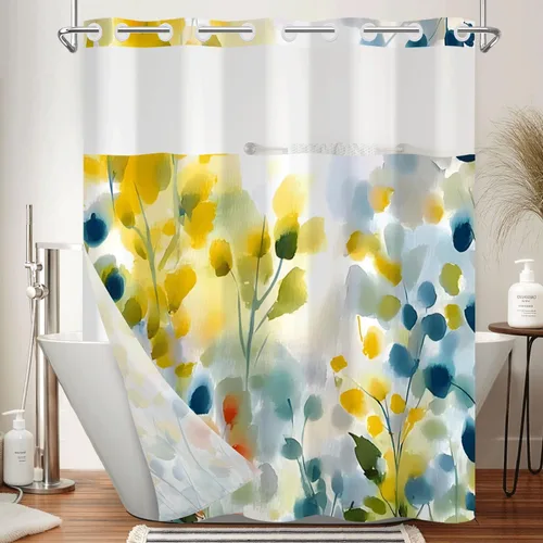 Miniatura 24 de No Hook Geometric Shower Curtain with Snap in Liner - 71″W x 74″L Waterproof Fabric with Mesh Top Window, Modern Abstract Triangle Design Bath