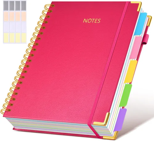 Miniatura 59 de Cuaderno universitario de espiral con tapa dura de cuero de 8 x 10 pulgadas, con pestañas separadoras extraíbles, para 5 materias, a rayas; diario