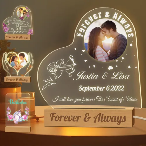 Luz nocturna con foto personalizada, lámpara LED con nombre de corazón, lámpara acrílica personalizada con imagen, regalo para su novia, amante,