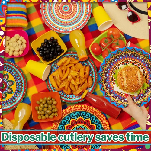 Miniatura 6 de FoldTier 60 platos de papel mexicanos para fiesta de 9 pulgadas, para fiesta de Cinco de Mayo, platos desechables para fiestas de tacos, suministros