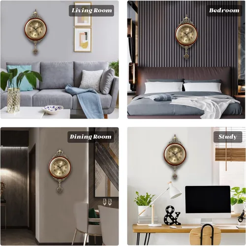 Miniatura 6 de Reloj de pared de péndulo, movimiento de cuarzo a pilas, silencioso sin tictac, reloj de madera grande de metal antiguo, para decoración del hogar