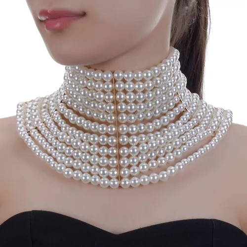 Miniatura 2 de Collar grueso de la declaración de la joyería de la moda, collar de perlas simuladas del babero del traje