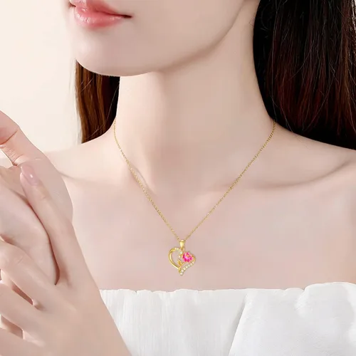 Miniatura 33 de Collar de flor de nacimiento de oro real de 14 quilates para mujer, oro amarillo creado moissanita con colgante de corazón, collares