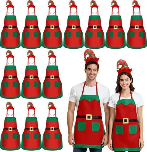 Miniatura 8 de Toulite Juego de 24 delantales de elfo de Navidad con diademas, disfraces de fiesta de Navidad, delantales a granel para adultos y niños para hornear